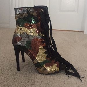 Wild diva lounge camouflage sequin lace-up heels